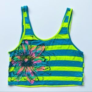 Delia’s Blue and Yellow Striped Flower Cropped Tank Top, Medium